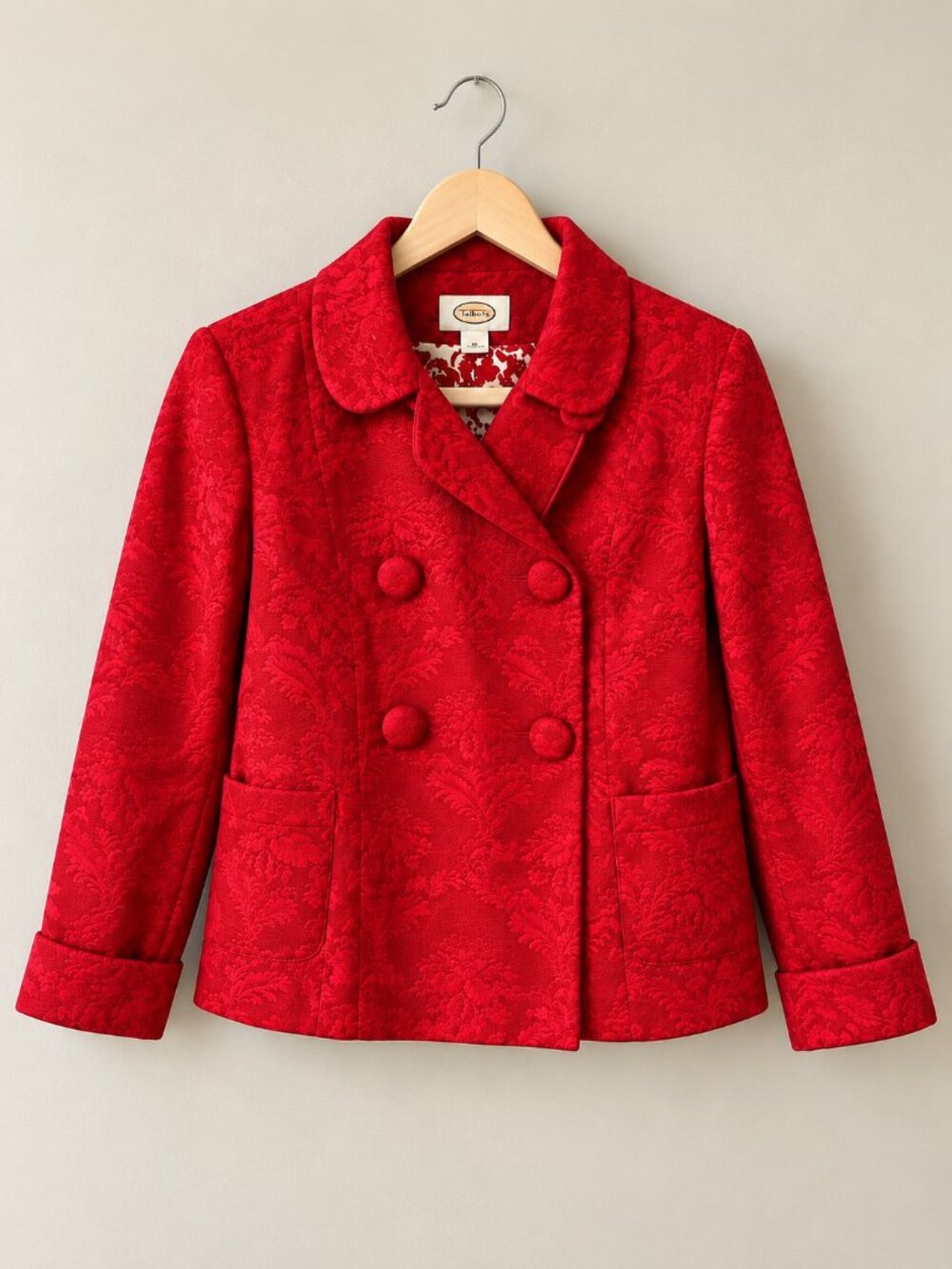 Talbots Red Floral Brocade Double Breasted Jacket Medium Holiday